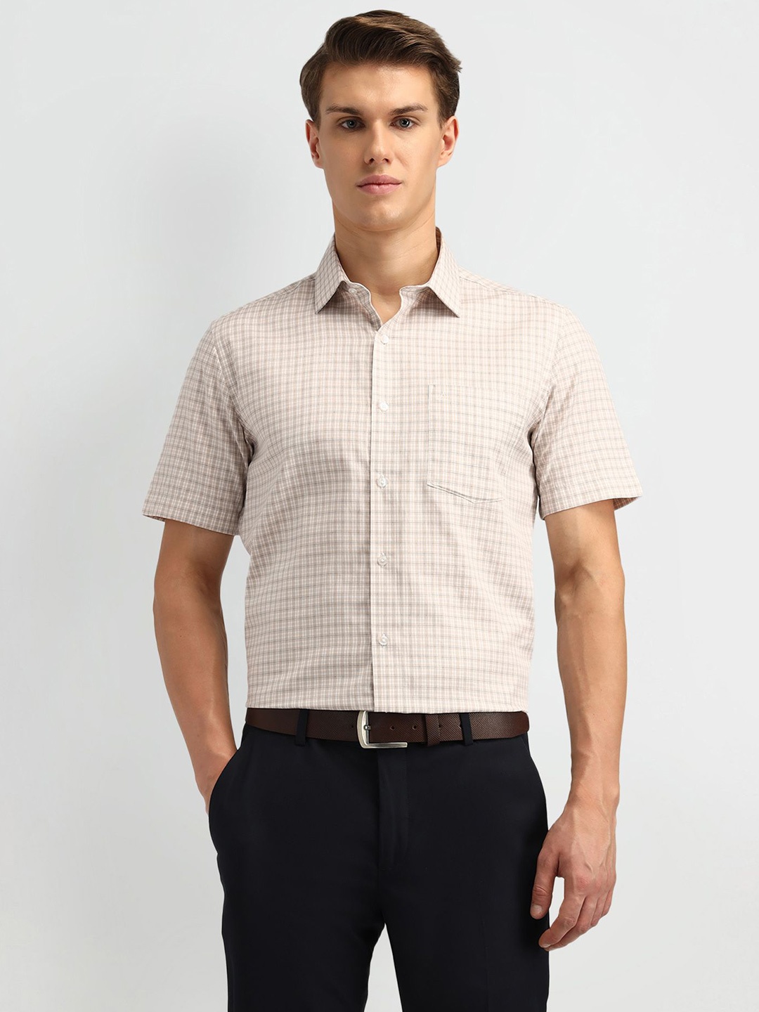 

Arrow Men Classic Spread Collar Checked Cotton Formal Shirt, Beige