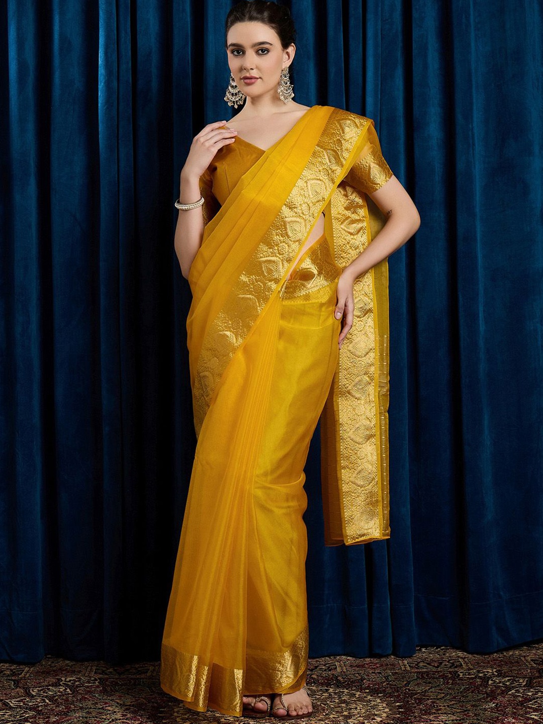 

Anouk Rustic Zari Woven Design Party Wear Organza Saree with Matching Blouse, Mustard