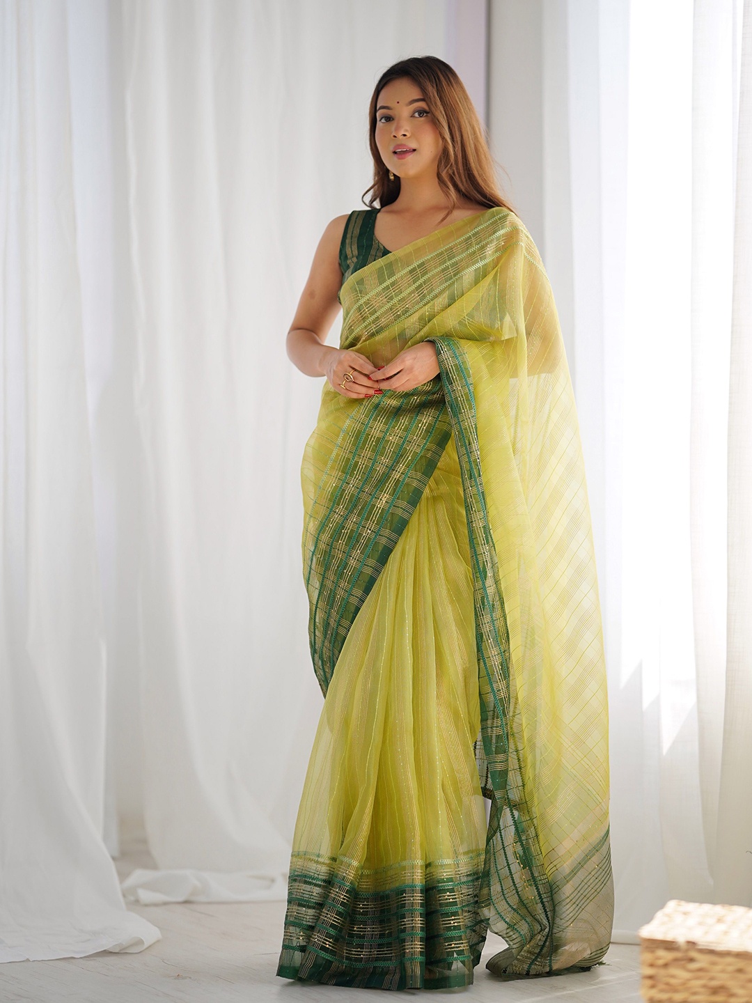 

KALINI Embellished Khadi Saree, Lime green