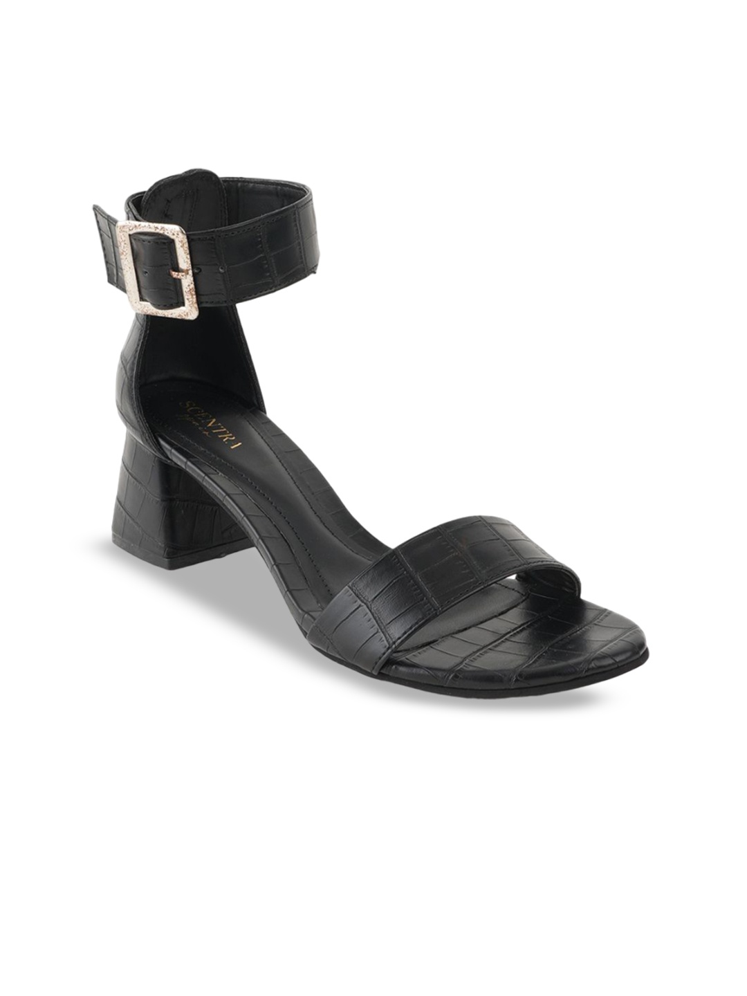 

SCENTRA Women Textured Block Sandals with Buckles, Black