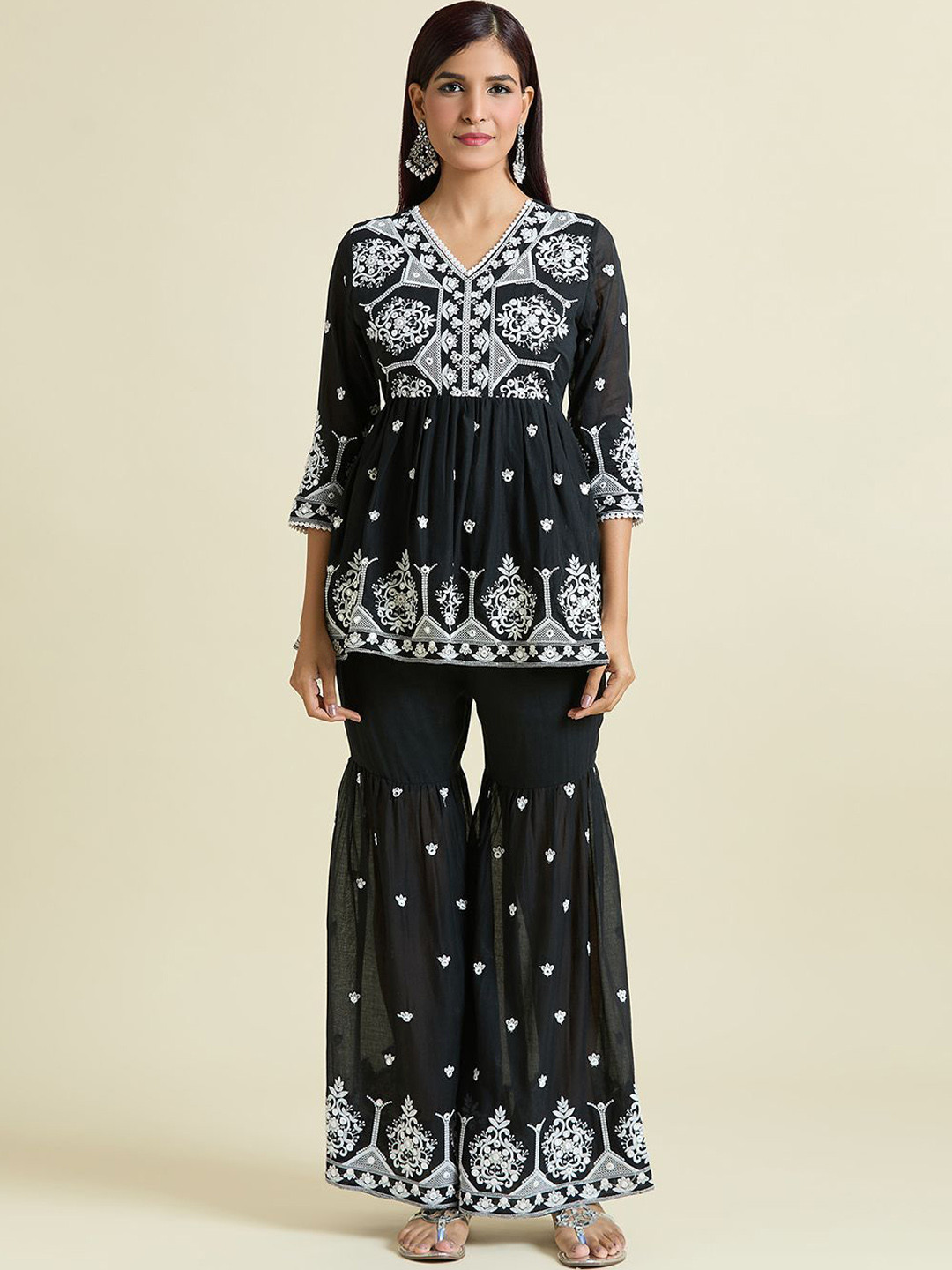

Adara Khan Women Embroidered Angrakha Thread Work Pure Cotton Kurta with Sharara & With Dupatta, Black