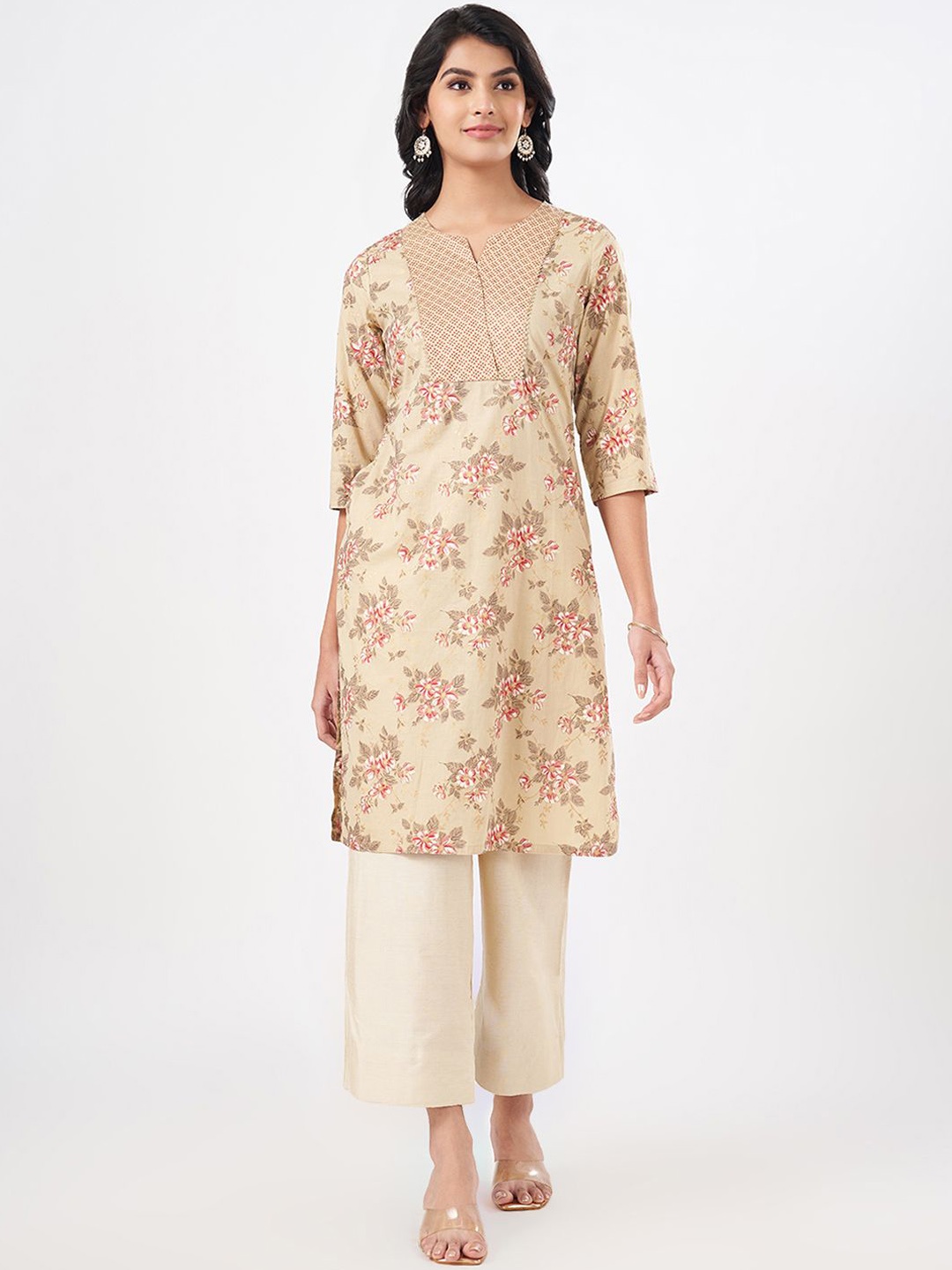 

RANGMANCH BY PANTALOONS Floral Printed Straight Kurta, Khaki