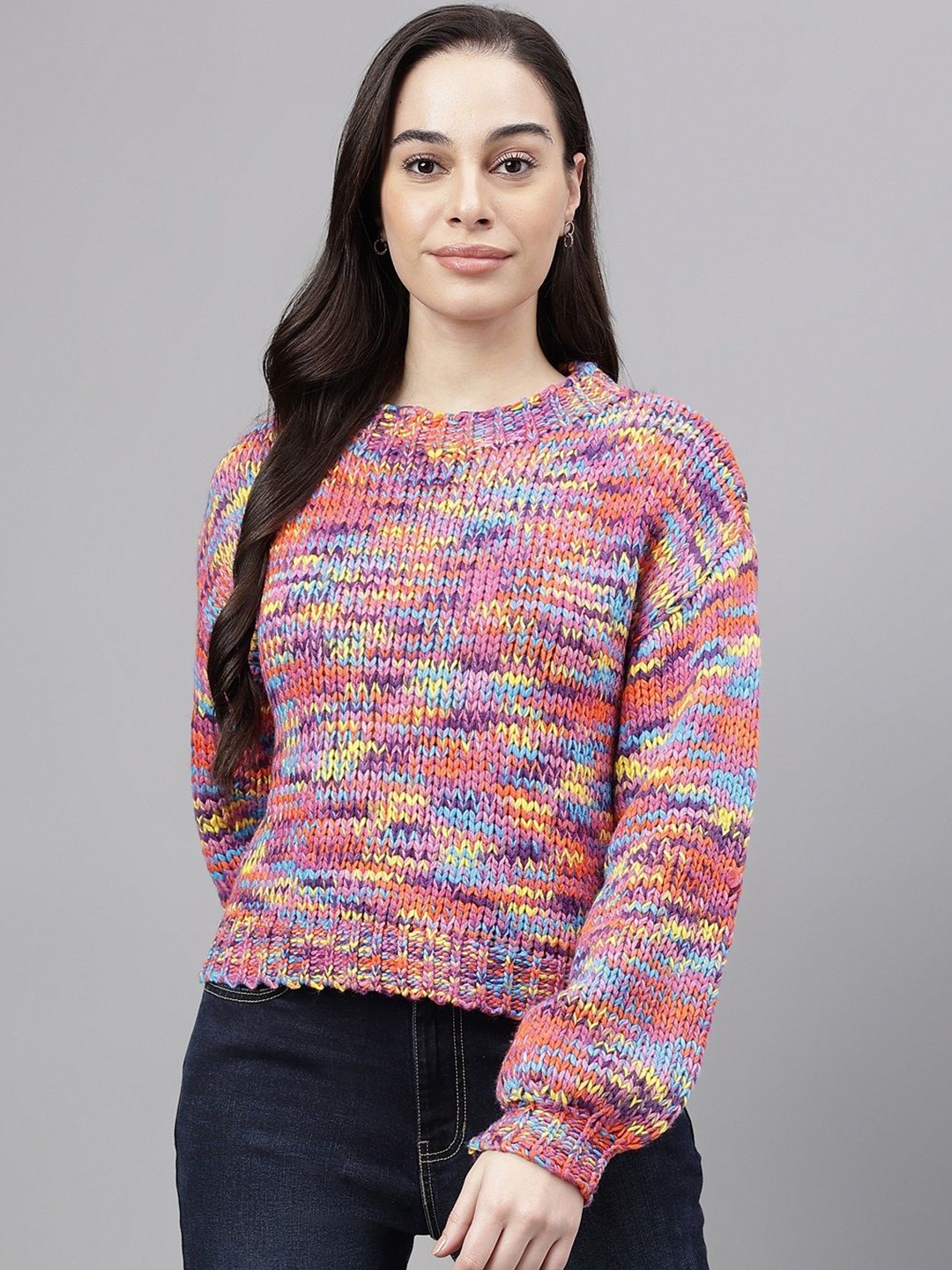 

Xpose Women Self Design Round Neck Pullover, Pink