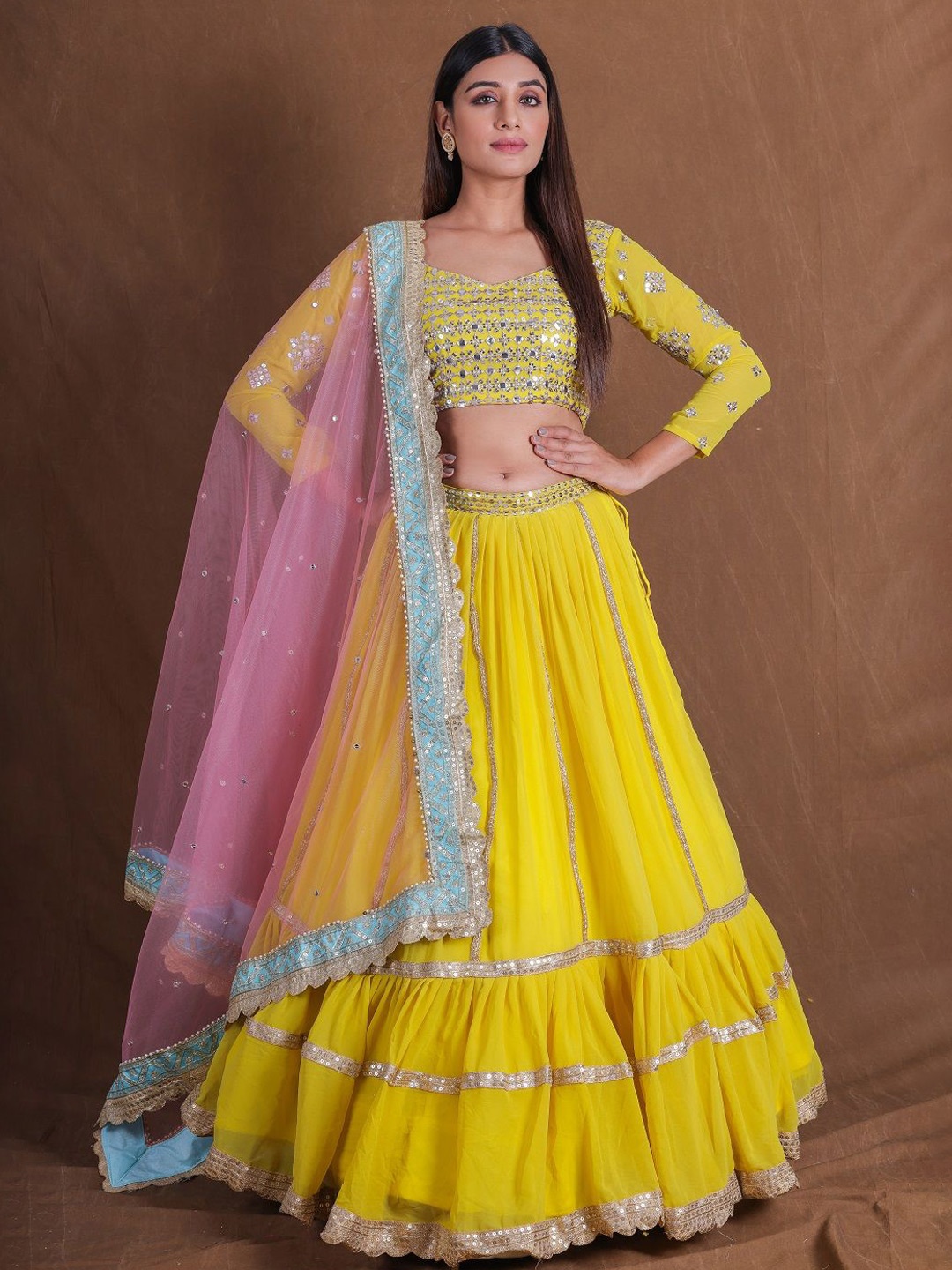 

JIHU CULTURE Embellished Sequinned Semi-Stitched Lehenga & Unstitched Blouse With Dupatta, Yellow