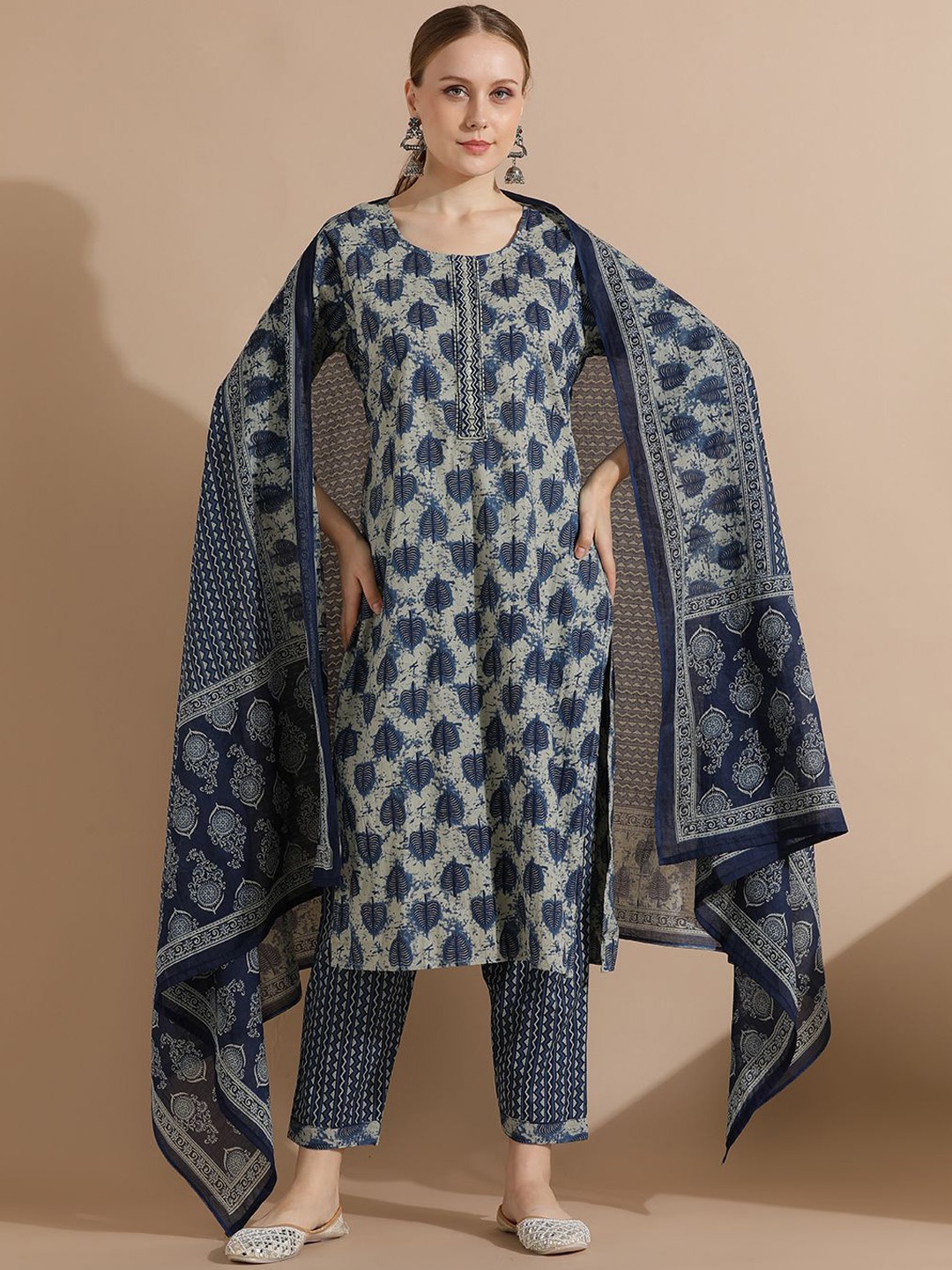 

Anouk Floral Printed Thread Work Pure Cotton Straight Kurta with Trousers & Dupatta, Navy blue