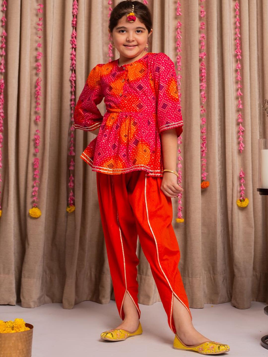 

Budding Bees Girls Bandhani Printed Gotta Patti Pure Cotton A-Line Kurti With Dhoti, Orange