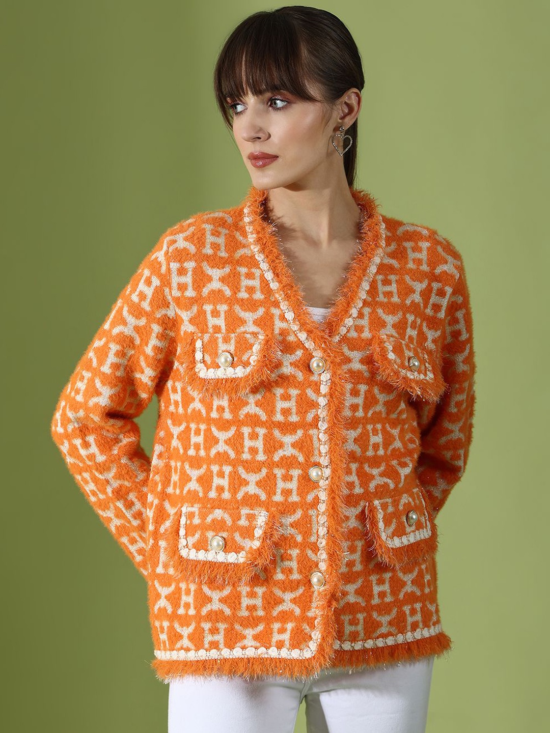 

KALINI Printed V-Neck Woollen Cardigan, Orange