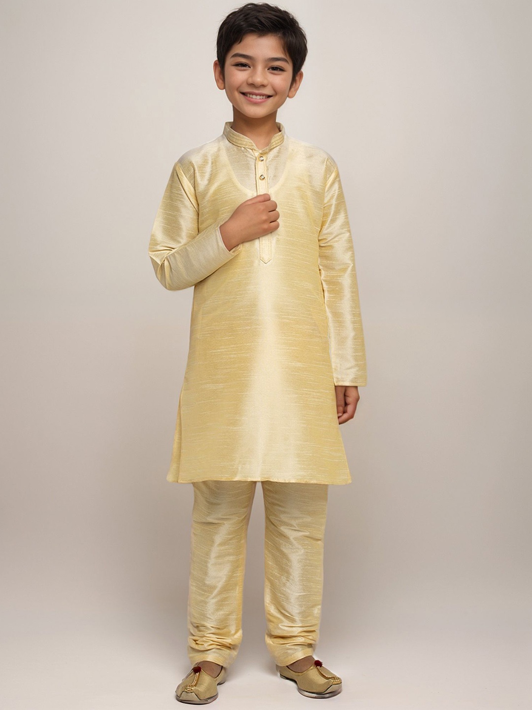

DEVOILER Boys Mandarin Collar Dupion Silk Straight Kurta With Churidar, Beige