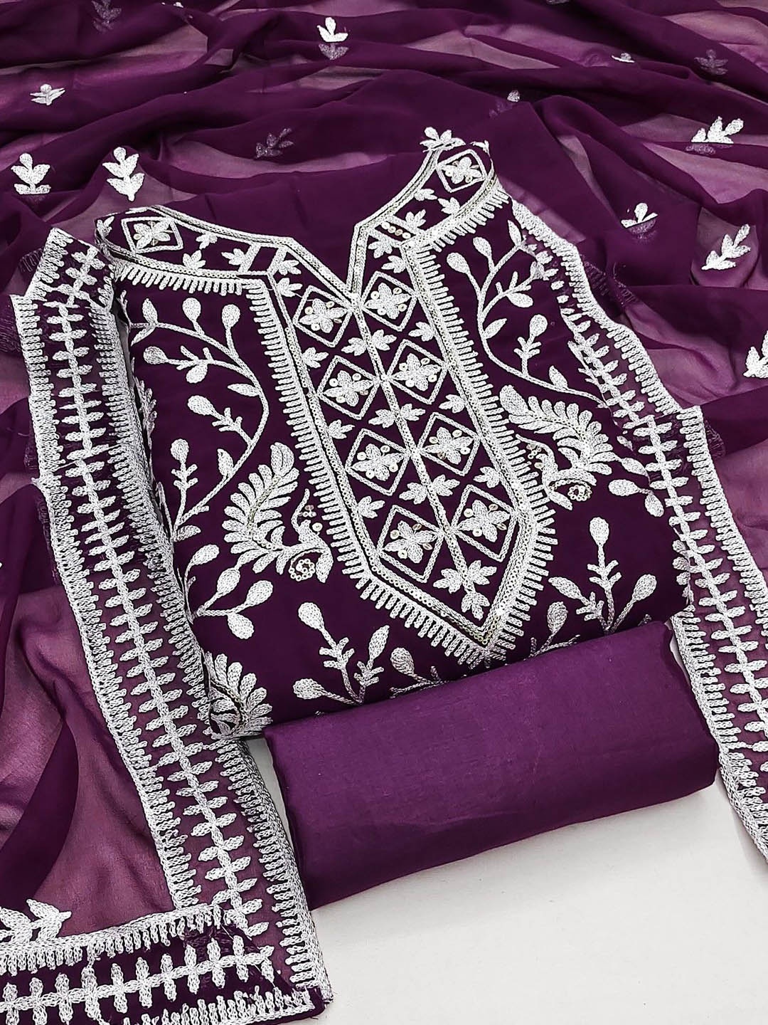 

KALINI Ethnic Motifs Embroidered Sequinned Unstitched Dress Material, Purple