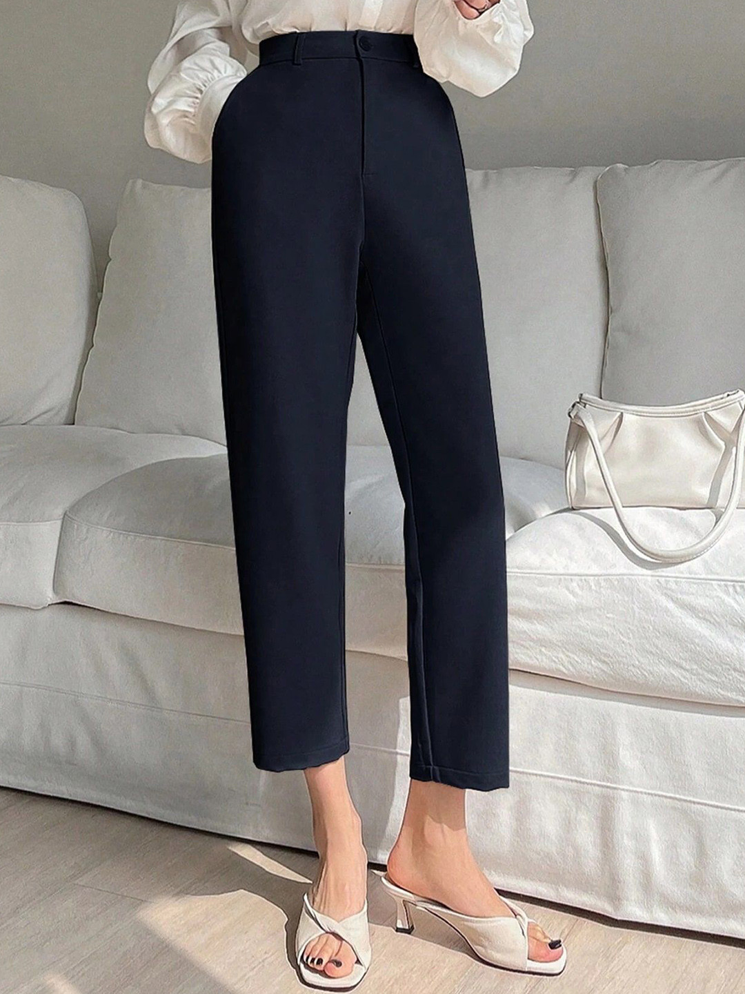 

FNOCKS Women Tailored Mom Fit High-Rise Wrinkle Free Trousers, Navy blue