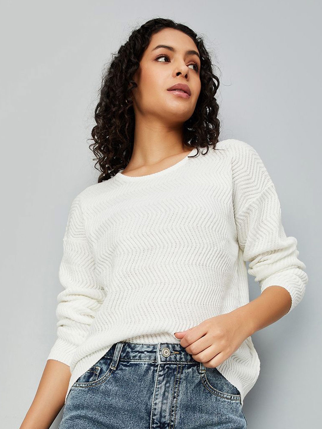 

max Women Cotton Solid Long Sleeves Top, White