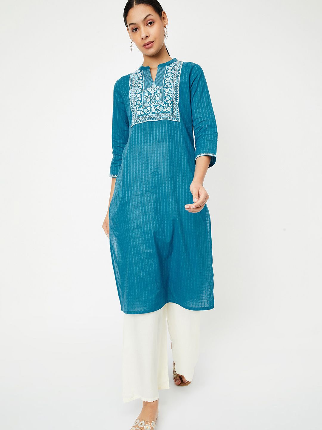 

max Floral Yoke Design Cotton Straight Kurta, Blue