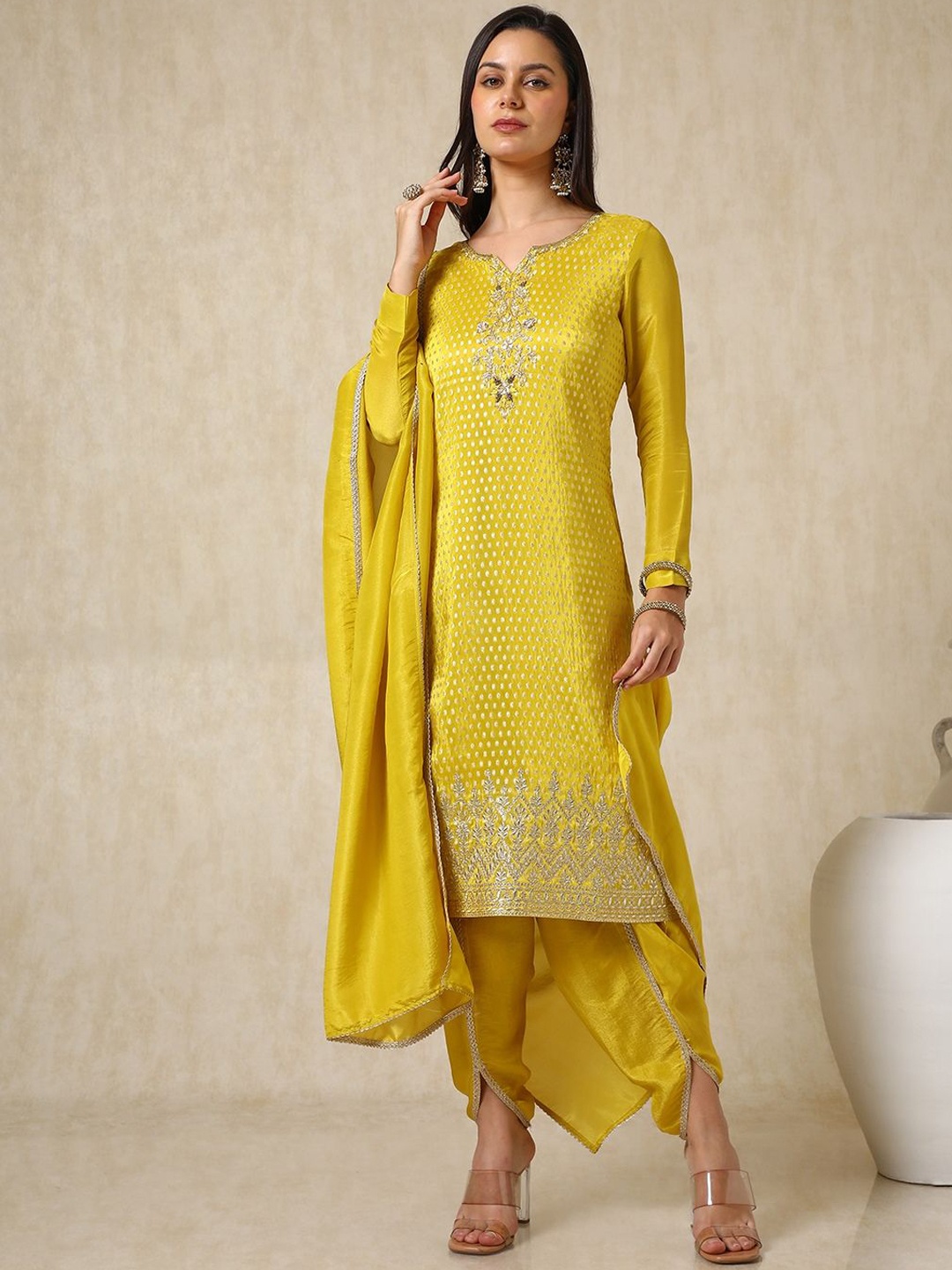 

Soch Ethnic Motifs Woven Design Straight Kurta with Dhoti Pants & Dupatta, Mustard
