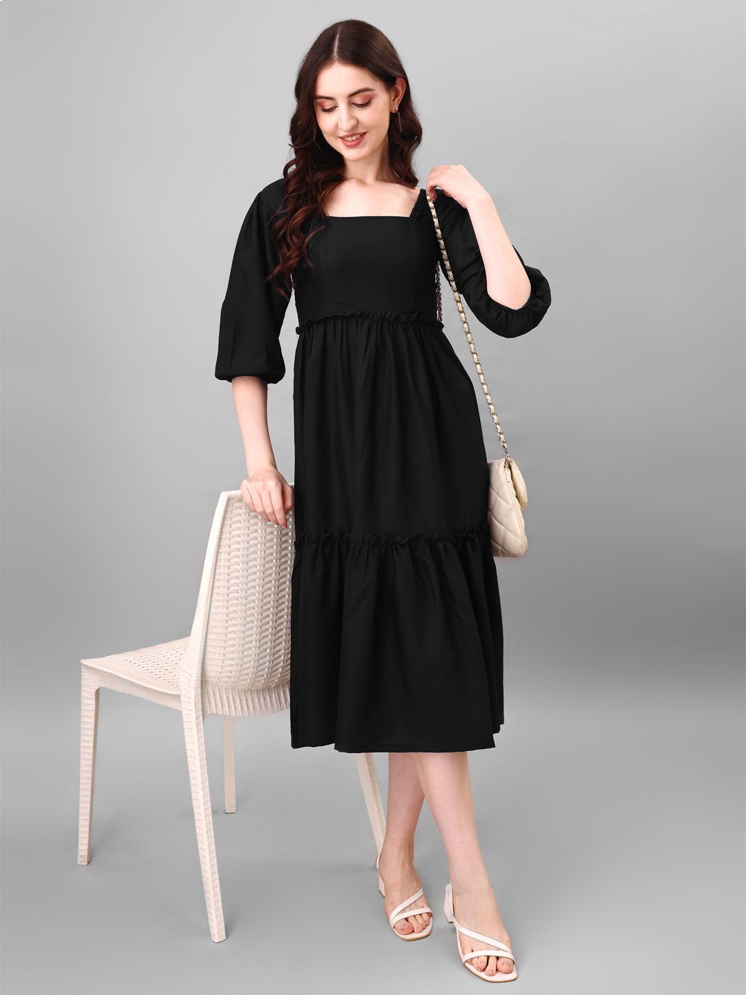 

Krunal Raiyani Women Crepe Fit & Flare Tiered Midi Dress, Black