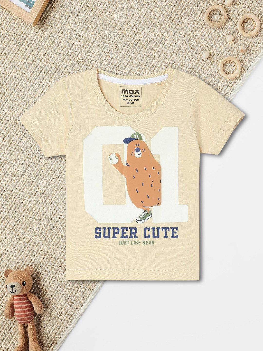 

max Boys Graphic Printed Round Neck Cotton T-shirt, Beige