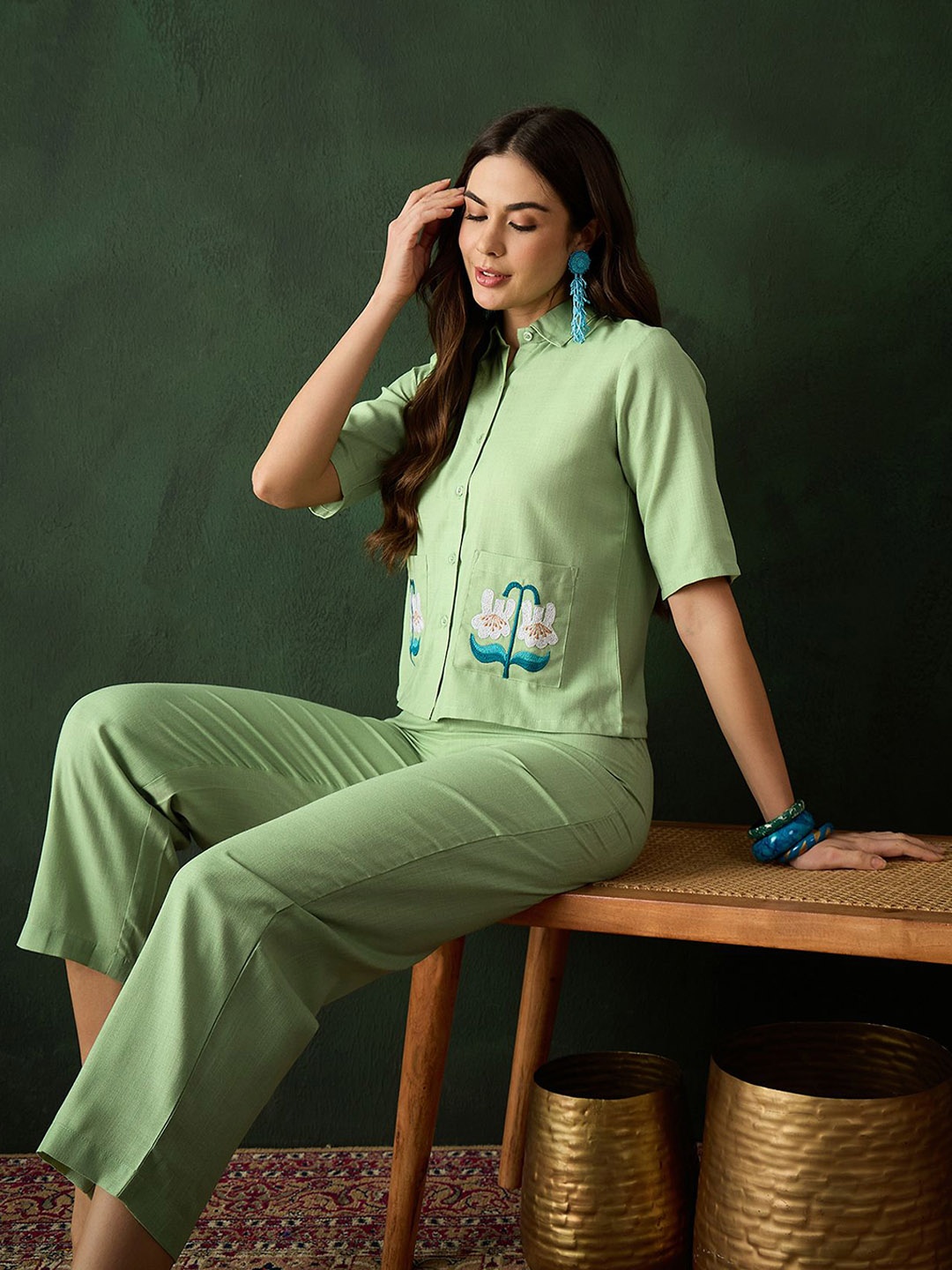 

Sangria Shirt Collar Embroidered Pure Cotton Shirt & Trouser, Green