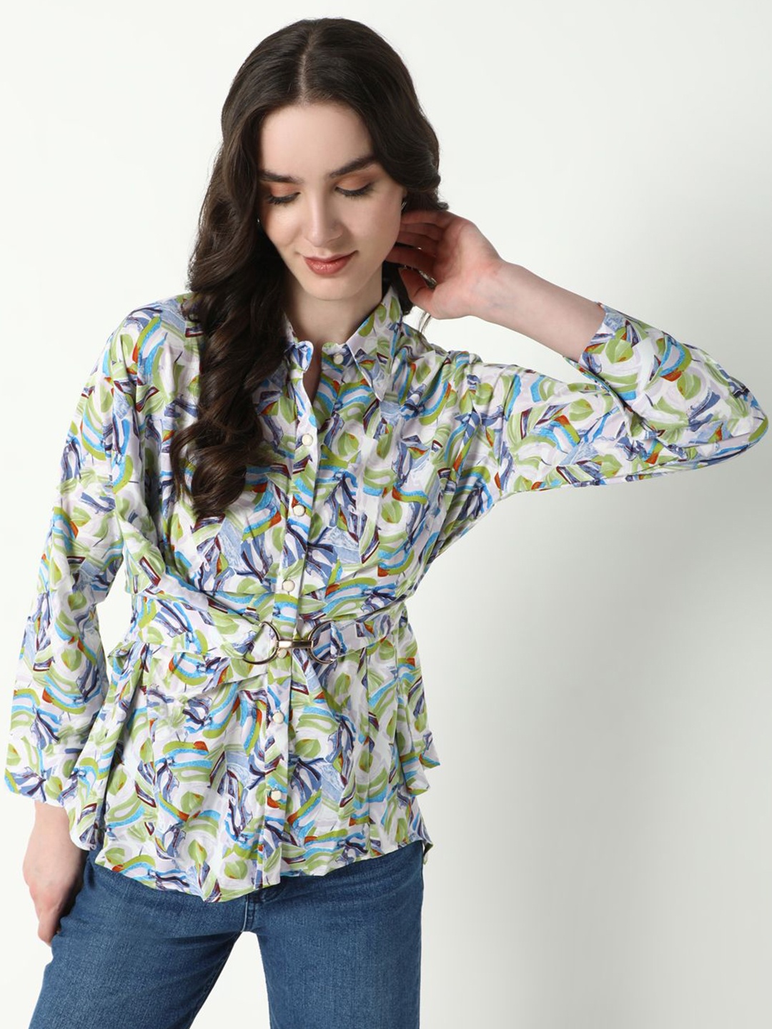 

SHOWOFF Women Abstract Printed Shirt Style Top, Green