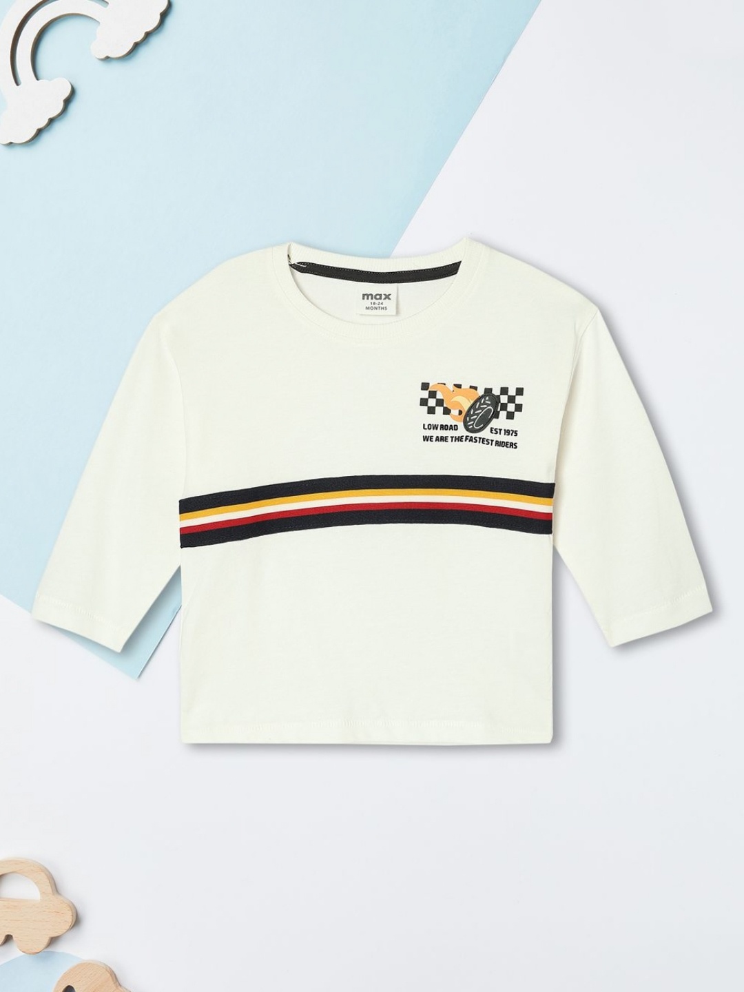 

max Boys Striped Printed Round Neck Cotton T-shirt, White