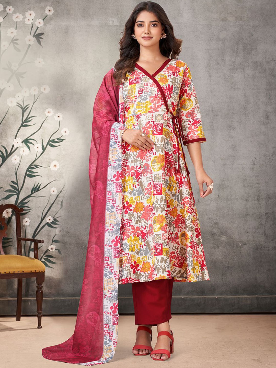 

KALINI Floral Printed V-Neck A-Line Kurta with Palazzos & Dupatta, Red