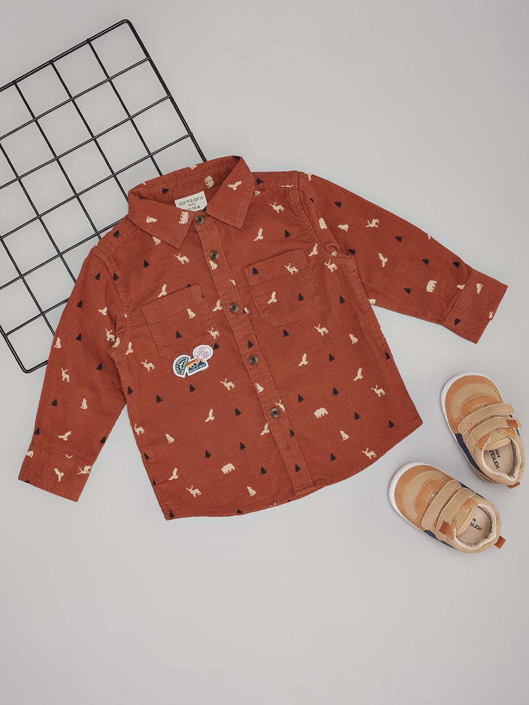 

Pantaloons Baby Boys Spread Collar Conversational Printed Cotton Casual Shirt, Brown