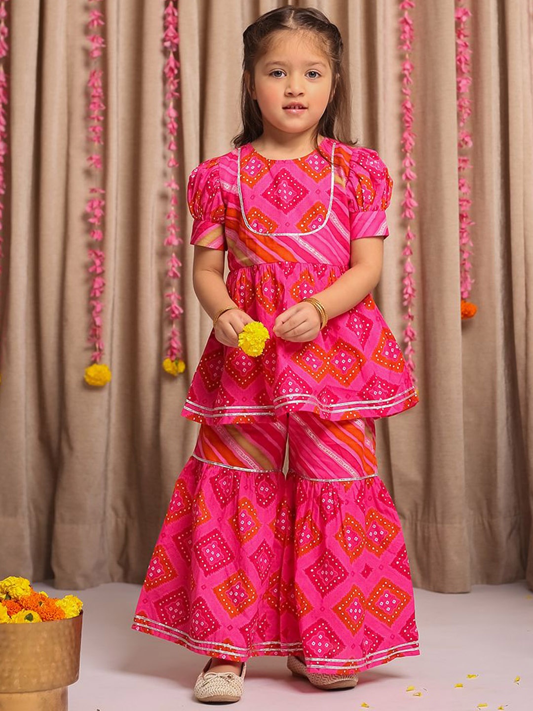 

Budding Bees Girls Ethnic Motifs Printed Gotta Patti Pure Cotton A-Line Kurti With Sharara, Pink