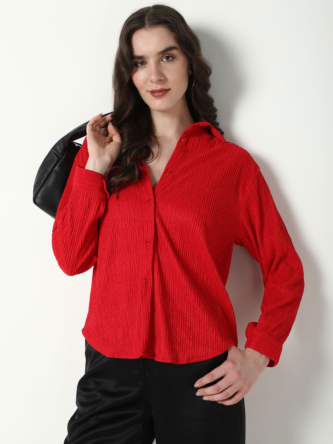 

SHOWOFF Women Comfort Spread Collar Textured Casual Shirt, Red