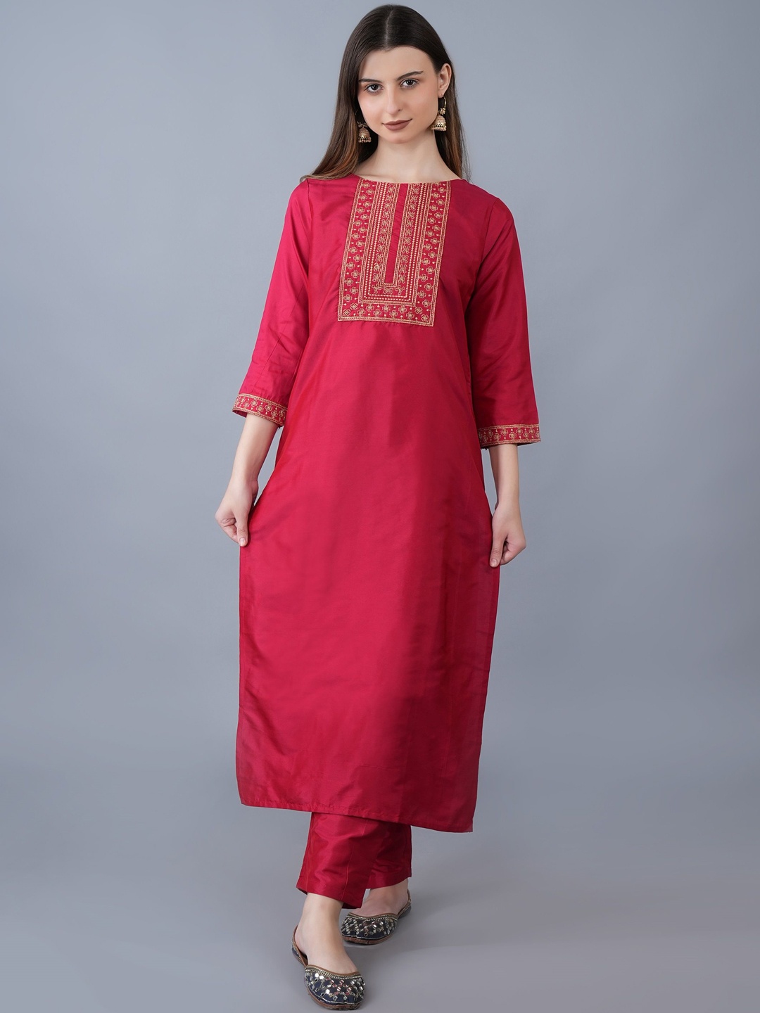 

KALINI Women Embroidered Regular Patchwork Kurta with Trousers, Red