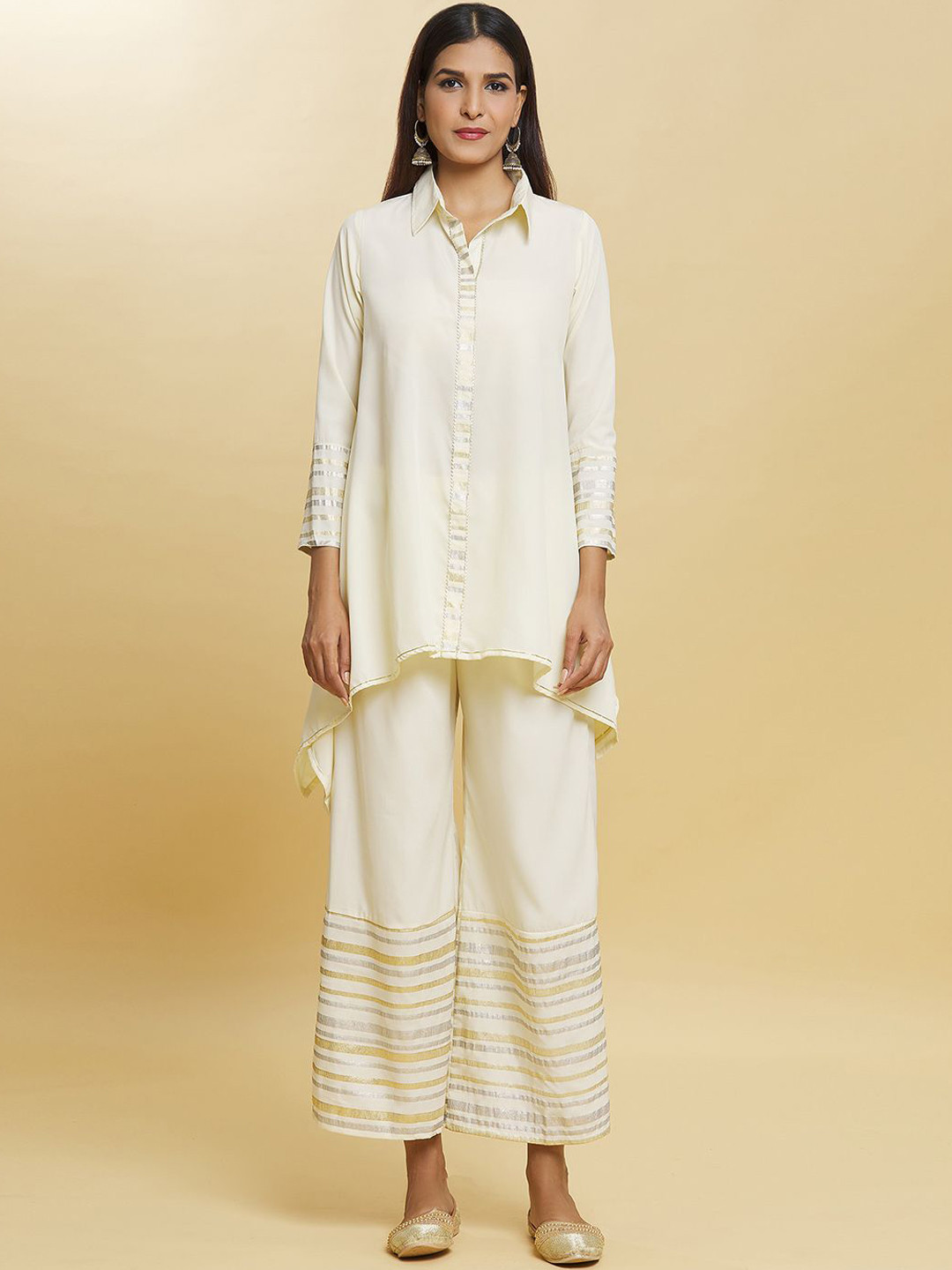 

Adara Khan Women Striped Regular Top with Palazzos, Cream