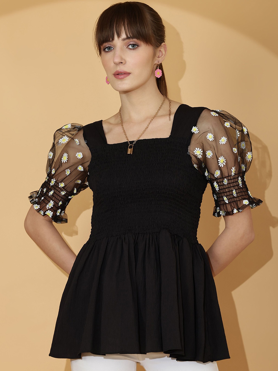 

SHEETAL Associates Women Self Design Gathered Top, Black