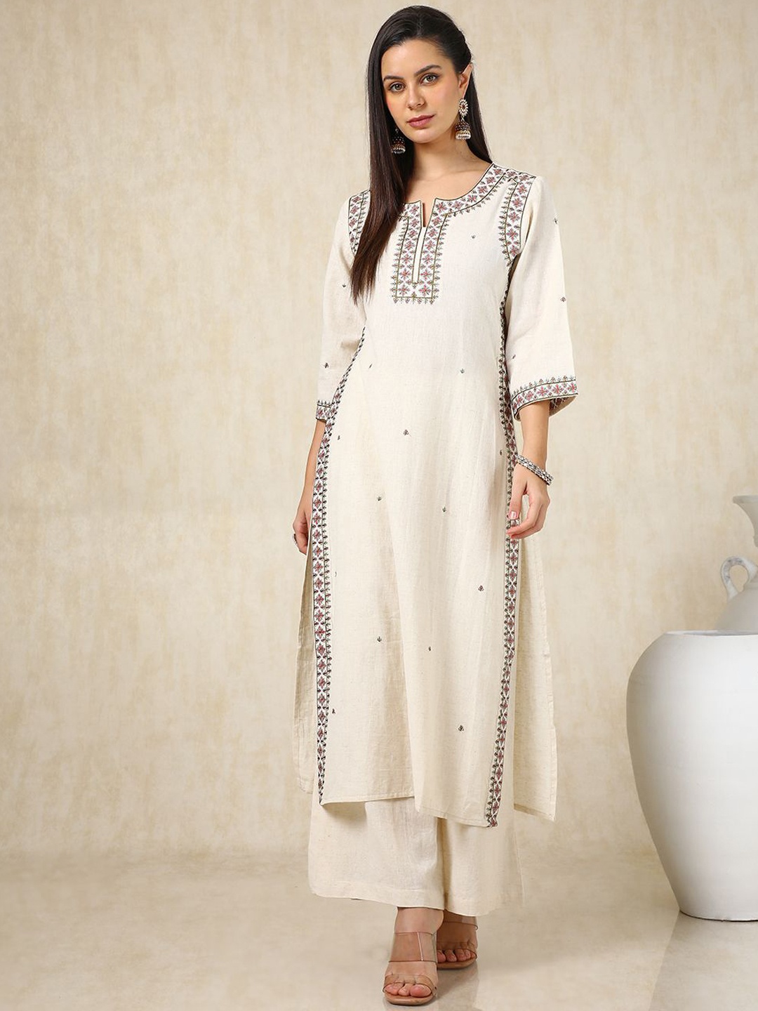 

Soch Floral Embroidered Sequinned Straight Kurta With Palazzo, Off white