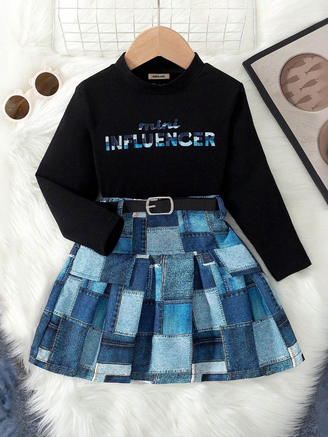 

INCLUD Girls Printed T-shirt with Skirt Clothing Set, Black