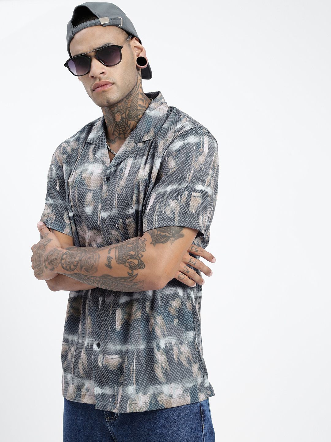 

SHOWOFF Men Comfort Cuban Collar Abstract Printed Cotton Casual Shirt, Blue