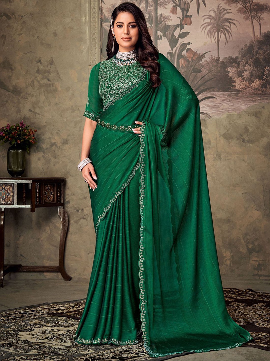 

SANSKAR Striped Sequinned Poly Chiffon Saree, Green