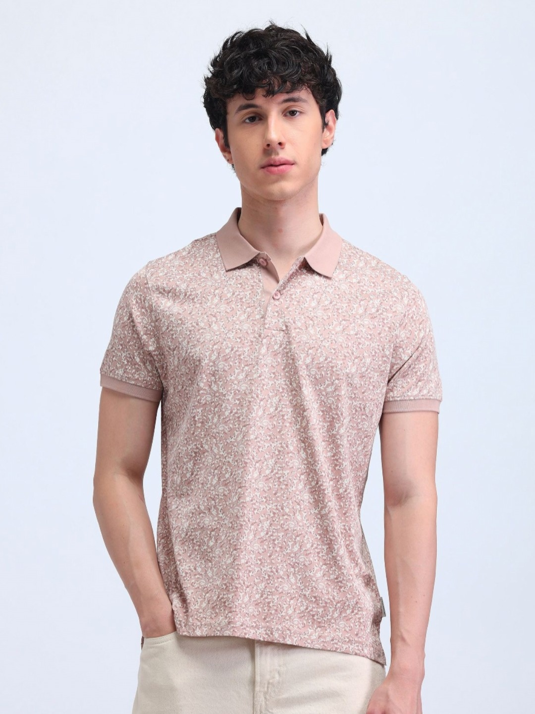 

Flying Machine Men Floral Printed Polo Collar Cotton T-shirt, Peach