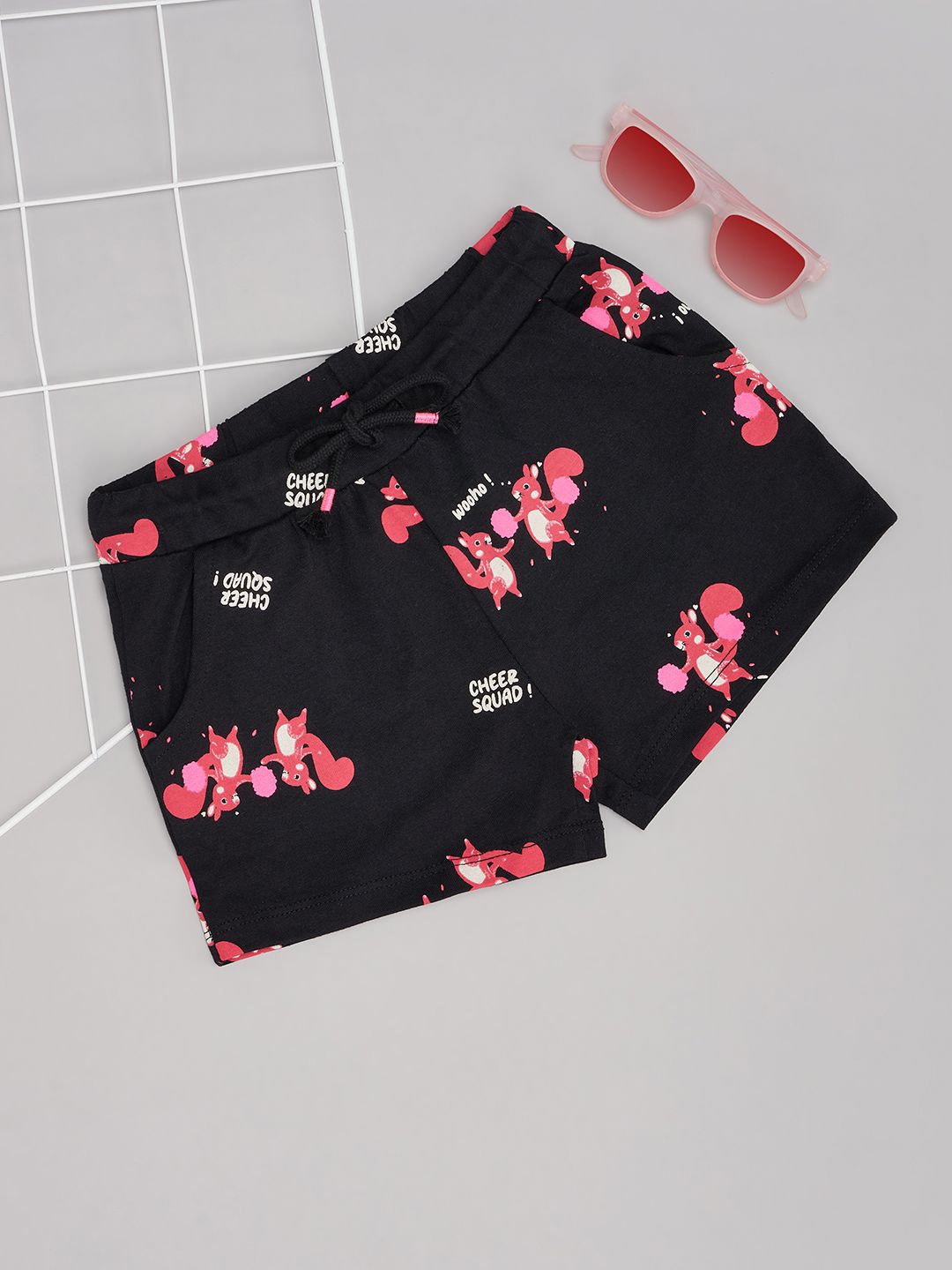 

Pantaloons Junior Girls Printed Pure Cotton Slim Fit Mid-Rise Shorts, Black