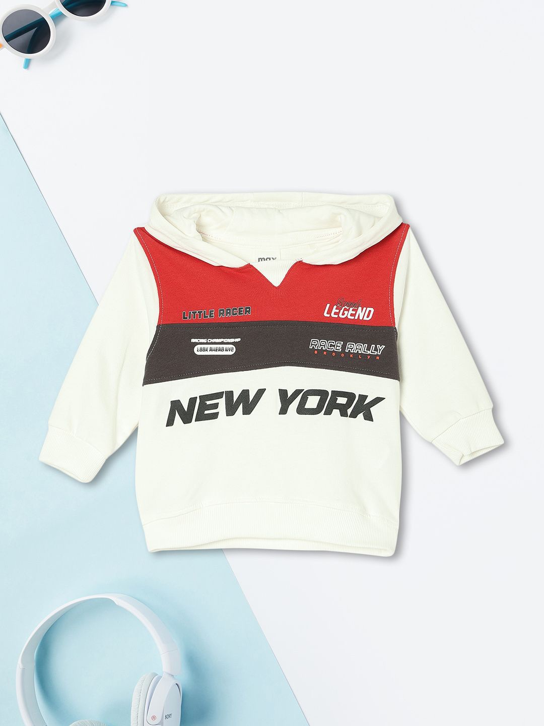 

max Boys Typography Printed Hooded Cotton Pullover Sweatshirt, Off white