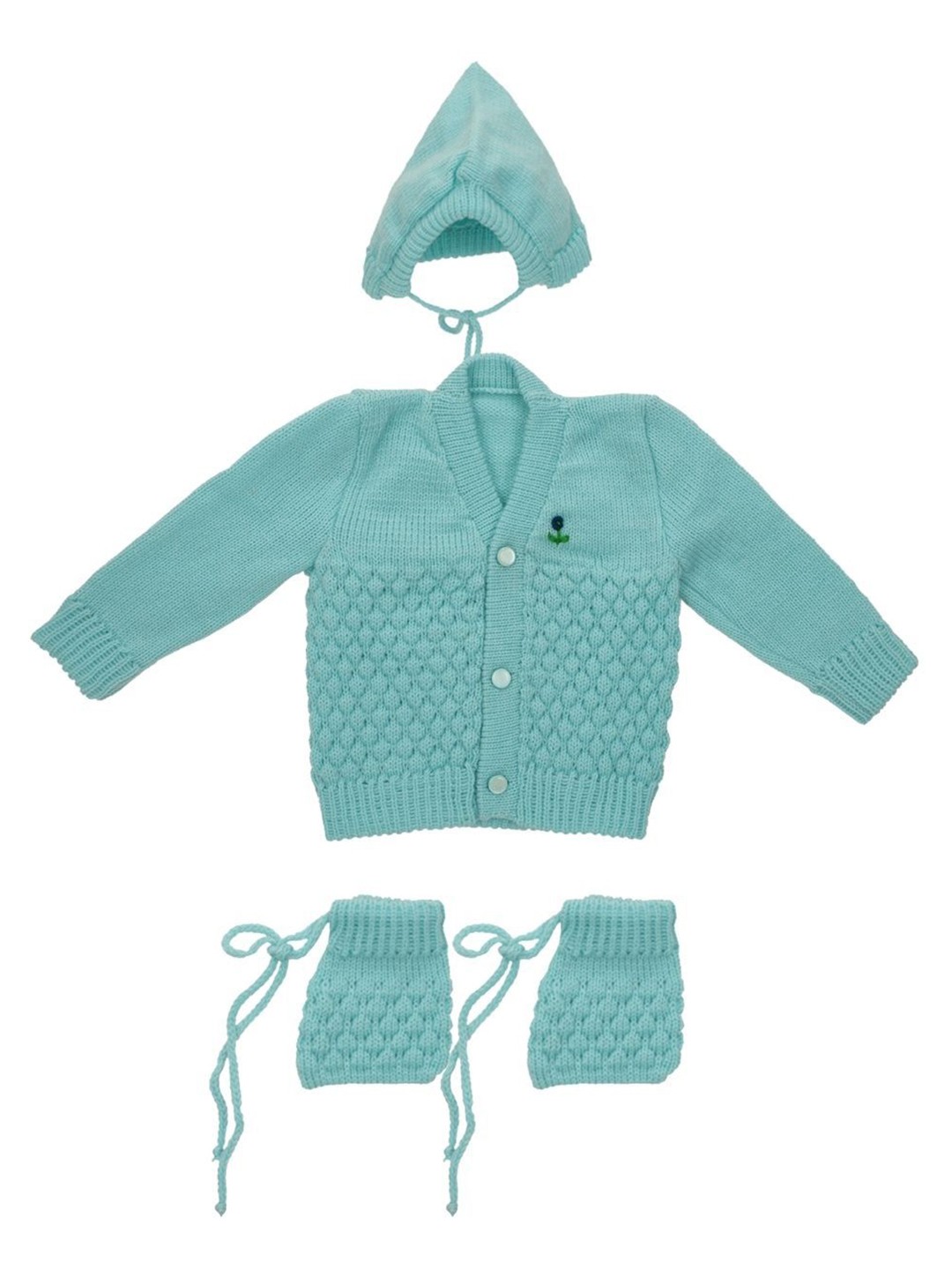 

CUBS & HUGS Infants 3Pcs Embroidered Woolen Sweater With Cap & Booties, Turquoise blue