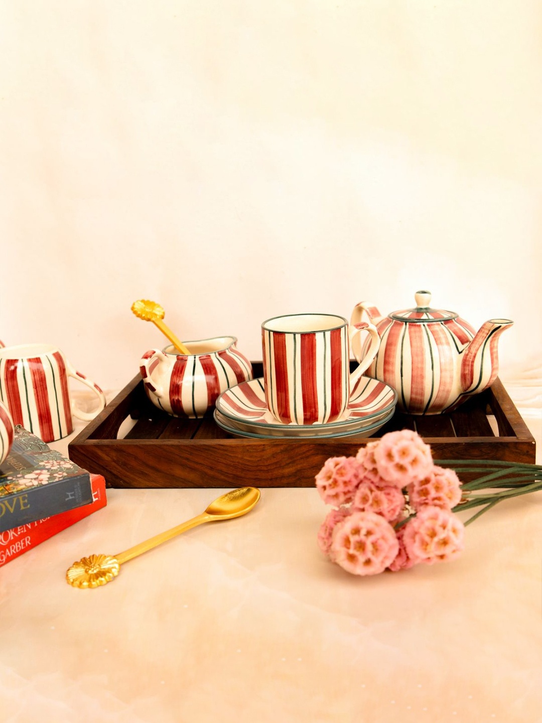 

ArteCasa Red & White Striped Ceramic Glossy Tea Set