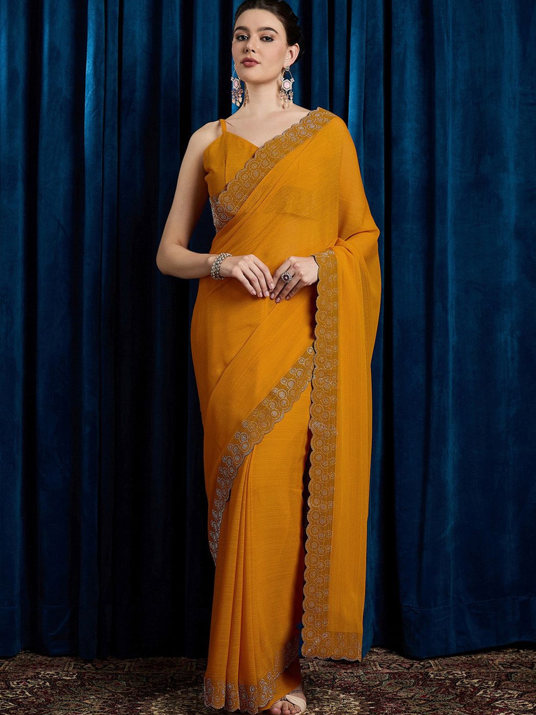 

Anouk Sequinned Embellished Saree With Matching Blouse, Mustard