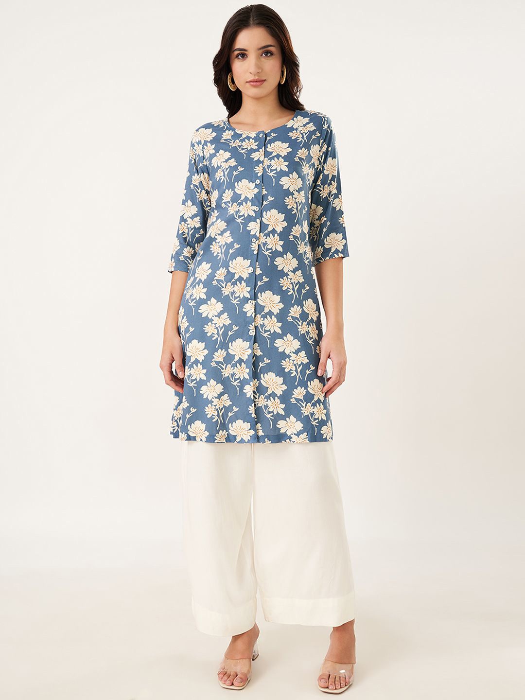 

RANGMANCH BY PANTALOONS Floral Printed Round Neck Straight Kurta, Blue