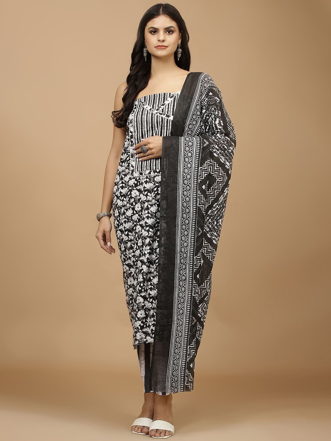 

Meena Bazaar Floral Printed Gotta Patti Unstitched Dress Material, Black