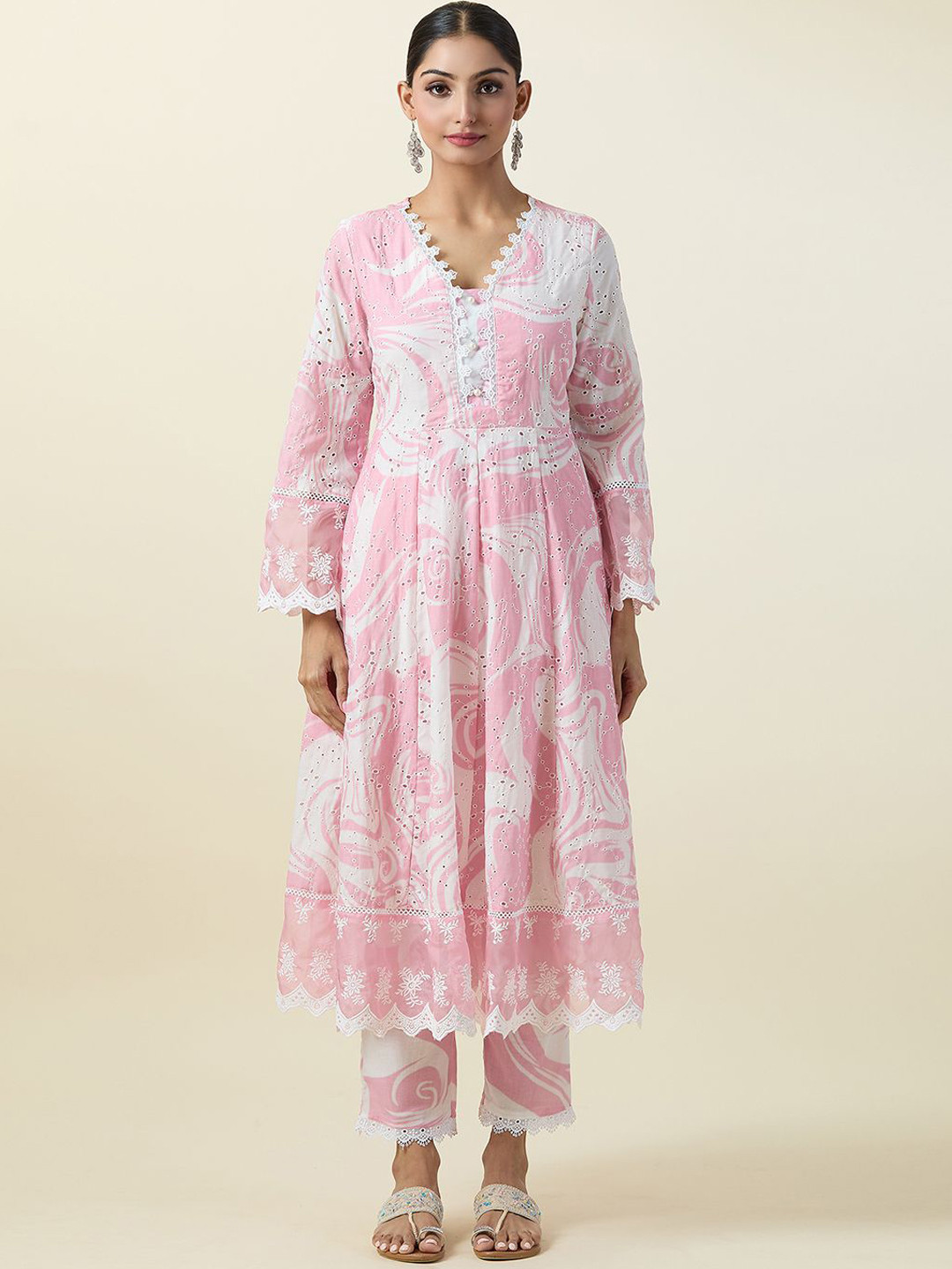 

Adara Khan Women Printed Empire Beads and Stones Kurta with Trousers & With Dupatta, Pink