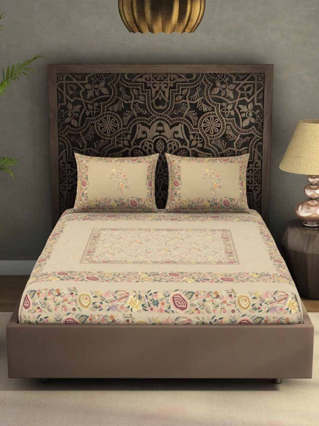

SPACES Beige & Pink Floral Pure Cotton 300 TC King Bedsheet Set 2.74 m x 2.74 m