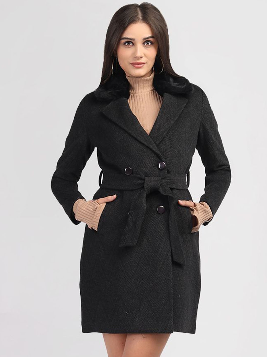 

PROTEX Women Black Long Sleeves Notched Lapel Single-Breasted Overcoat With Belt