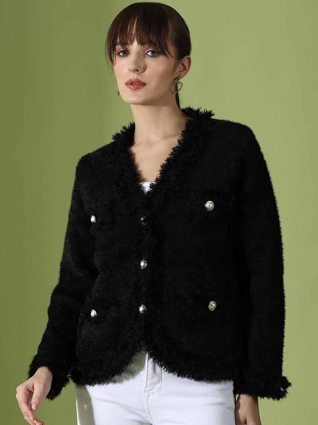 

KALINI Self Design V-Neck Woollen Cardigan, Black