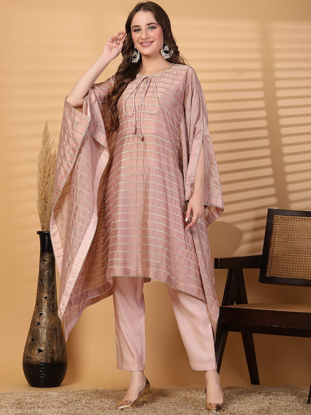 

Clora Creation Striped Embroidered Regular Silk Georgette Kaftan Kurta with Trousers, Pink
