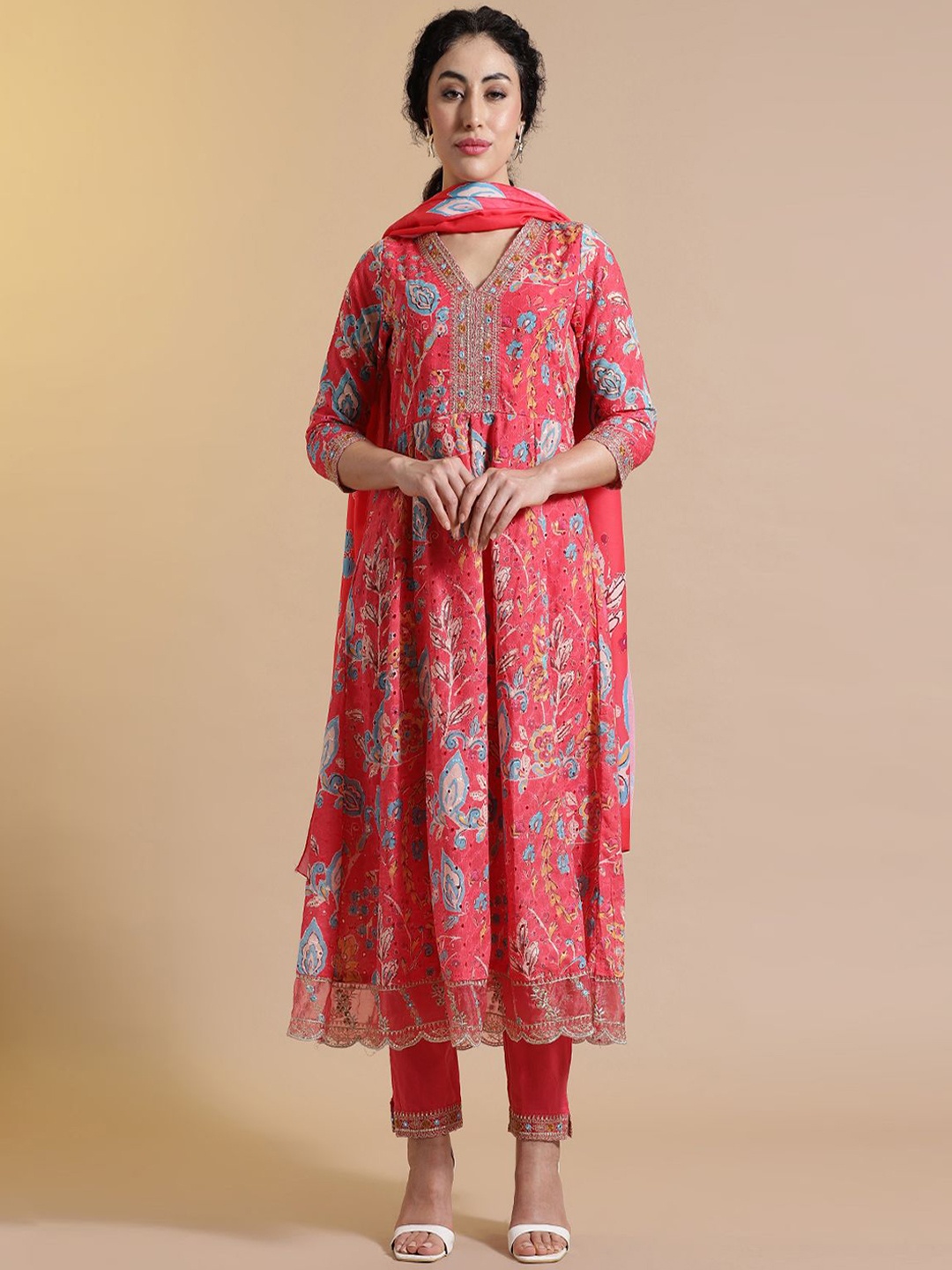 

Anouk Floral Embroidered Thread Work Pure Cotton Anarkali Kurta with Trousers & Dupatta, Red