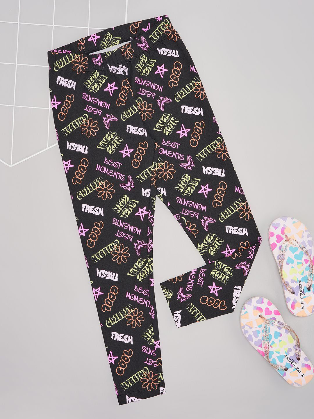 

Pantaloons Junior Girls Printed Cotton Ankle-Length Leggings, Black