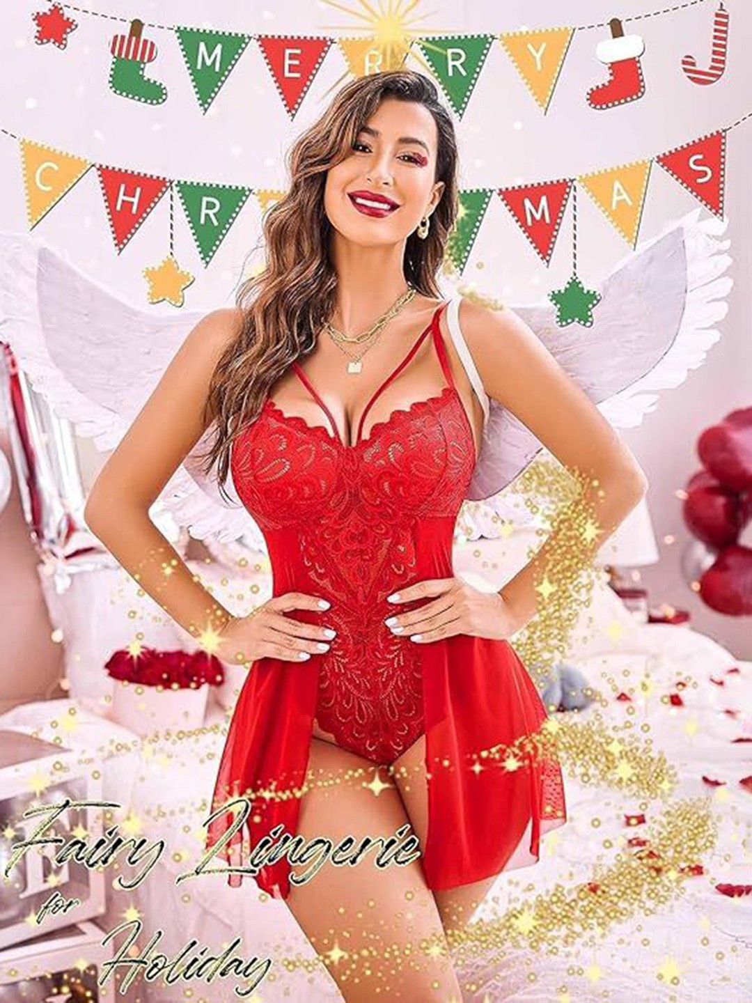 

SGC SWEDEN Women Satin Baby Doll, Red