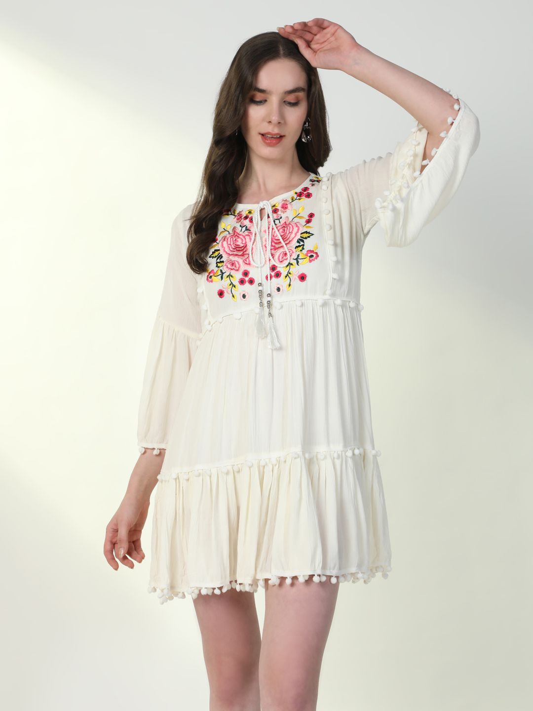 

SHOWOFF Women Embroidered Tie-Up Neck Bell Sleeve A-Line Mini Dress, Off white